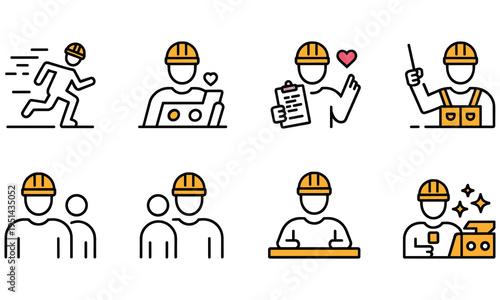 Set of simple line art icons depicting various construction worker actions and interactions with coworkers and machinery in a modern minimalist style, suitable for industry and workplace themes.