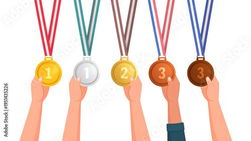 Flat Vector Set of Hands Holding Winner Medals – First Second Third Place Award Collection