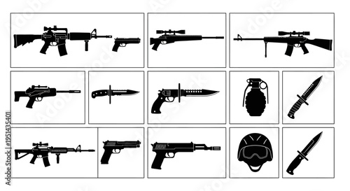Quadro em tela Collection of Black and White Weapon Silhouettes: Rifles, Pistols, Grenade, Knif
