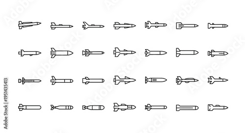 Collection of Missile and Bomb Icons, Military Weapons Vector Illustration