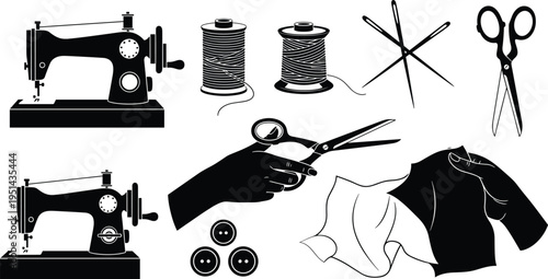 Sewing silhouette illustration with machines threads scissors and clothing accessories