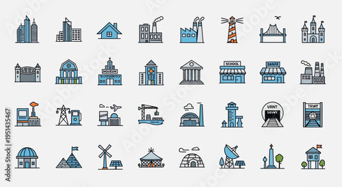 Collection of Building Icons: City, Industry, Lighthouse, Bridge, Castle, and More