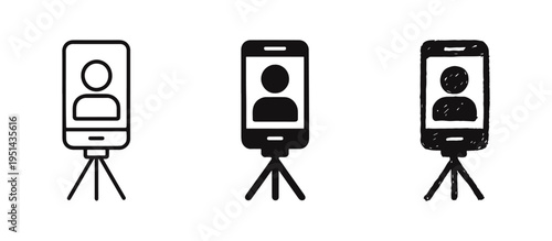 Smartphone on tripod recording person icon set for vlogging, live stream, or video call.