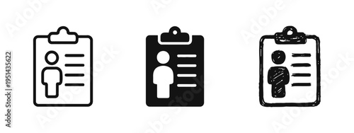 Personal data and resume icon set on clipboard in outline, solid, and hand drawn styles for job applications.