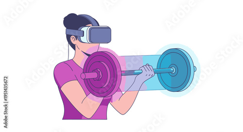 Woman in VR headset working out with a virtual barbell, exploring the future of immersive fitness and digital exercise technology.