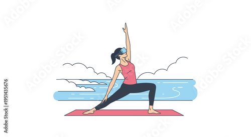Young woman engaging in a virtual reality yoga session, performing a warrior pose on a mat outdoors, combining tech with wellness for a balanced lifestyle.