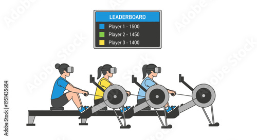 Three women wearing virtual reality headsets engaged in a competitive rowing machine workout, with a digital leaderboard displaying scores. Modern fitness illustration.