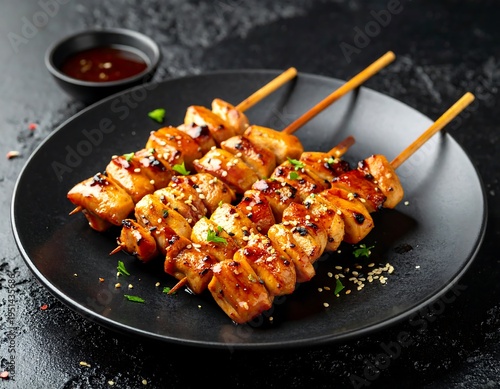 Grilled chicken skewers on a dark plate