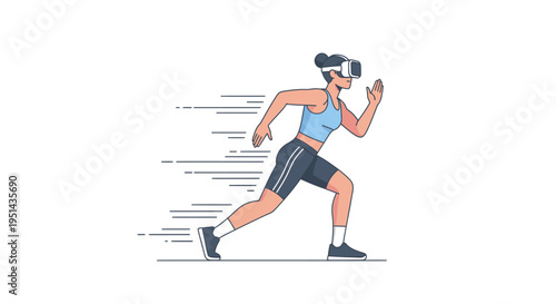 Woman running with VR headset, embracing virtual reality for fitness training, combining physical exercise with immersive digital technology and speed.