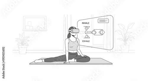 Woman practicing yoga with a virtual reality headset, following augmented reality instructions for a modern home workout and digital wellness experience.