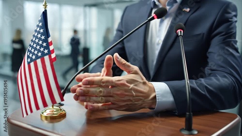 hands of a politician, a man on a pedestal with a microphone, an American flag