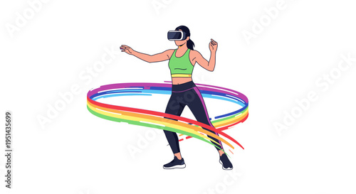 Active female immersed in virtual reality workout, engaging with vibrant digital effects and colorful abstract data streams in a metaverse environment.