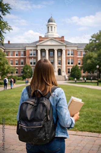 Student walking on campus toward modern university building at sunset