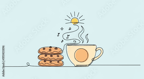 Warm cookies and steaming coffee cup on a table with a sunny morning atmosphere and a light blue background
