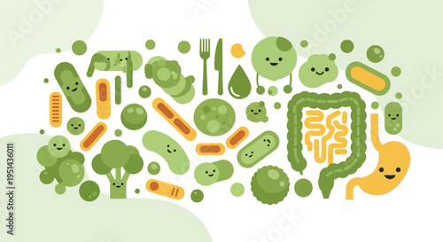 Cute Cartoon Gut Bacteria and Digestive System with Broccoli and Stomach
