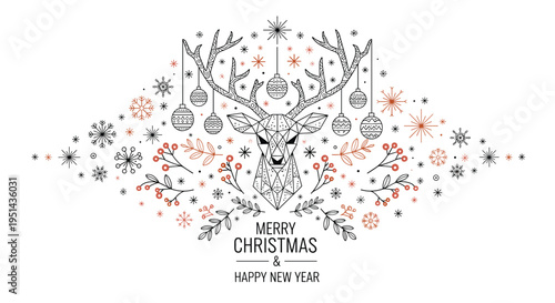 Elegant geometric reindeer head surrounded by christmas ornaments, snowflakes, and festive berries for the holidays.