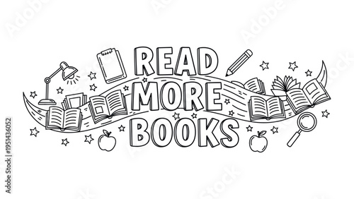 Read More Books: A charming illustrated banner encouraging reading, featuring open books, a magnifying glass, and other literary elements.