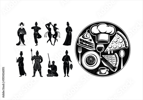 Black silhouettes of people running and a bicycle wheel