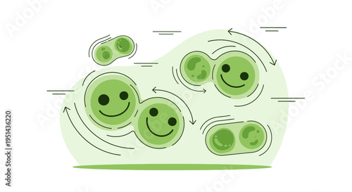 Happy green microbes dividing and multiplying in a fluid environment, science concept
