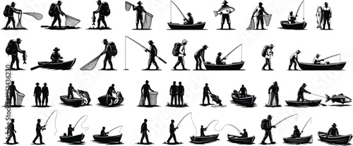 Silhouette of various people fishing and working on boats in different poses and activities silhouette