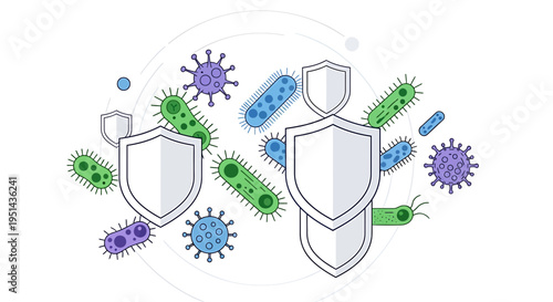 Immune system defending against viruses and bacteria with shields, illustration