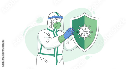 Healthcare worker in protective suit shields against coronavirus, symbolizing protection and safety