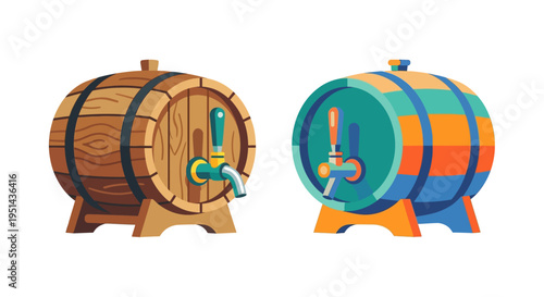 Two colorful wooden beer barrels with dispensing taps are illustrated