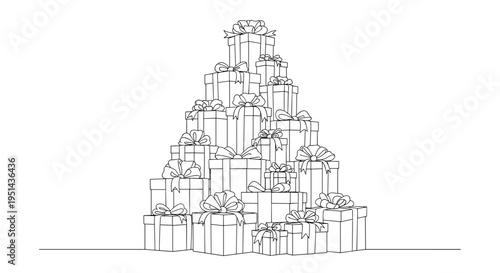 Large pyramid of gift boxes tied with festive ribbons in a simple black and white line art illustration.