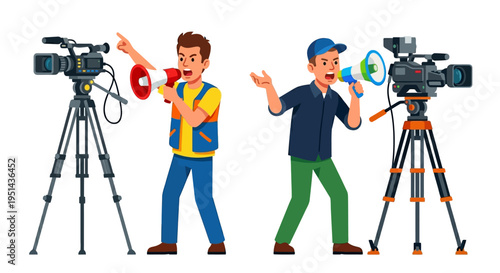 Two news reporters broadcasting live with cameras and equipment