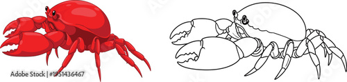 Silhouette of a red colored creature next to a colored version possibly a crab or lobster against a white background silhouette