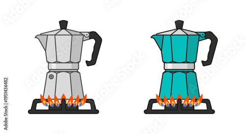 Two moka pots on stovetops with visible flames underneath them