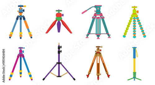Colorful cartoon tripods and monopods in various designs and arrangements
