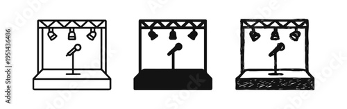 Performance Stage and Microphone Icons Set. Live Music, Stand-up Comedy, and Presentation Symbols.