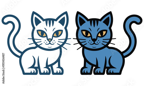 Two cartoon cats standing together with curled tails against a white background with unique colors and designs representing friendship and companionship symbolizing innocence and cuteness.
