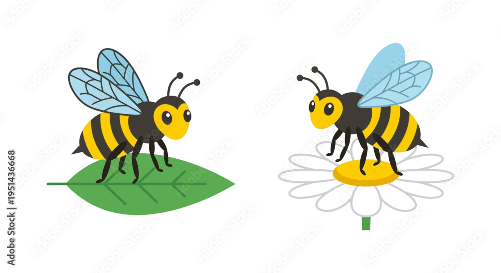 Fototapeta premium Two cartoon bees are shown resting on green and white flowers