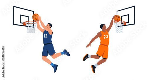 Two basketball players in mid air preparing to shoot the ball