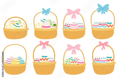 Hand drawn Easter basket with decorated Easter eggs. Straw wicker basket for picnic and gifts. Stock vector illustration isolated on white background.