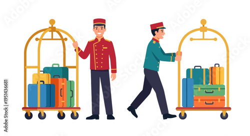 Hotel bellhops with luggage carts showcasing hospitality and travel services