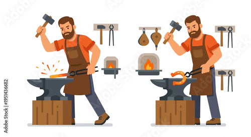 A blacksmith working at an anvil forging metal with traditional tools