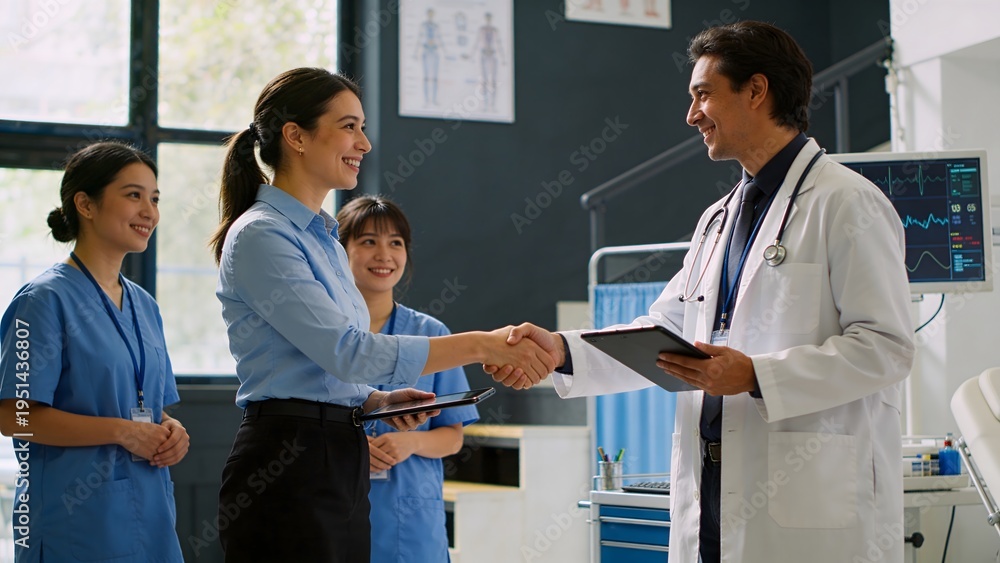 Obraz premium Doctor shaking hands with patient in hospital showing trust and healthcare service