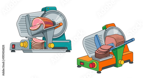 Two colorful meat slicers with partially sliced ham and roast beef