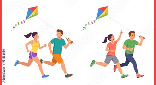 Children joyfully running and flying colorful diamond kites outdoors