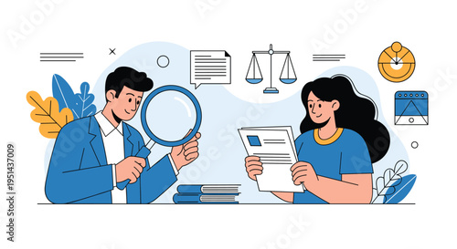 Professional man and woman review legal documents and investigate data using a magnifying glass and scales of justice.