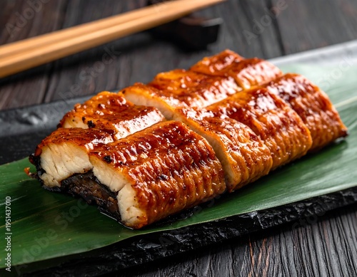 Grilled eel served on banana leaf
