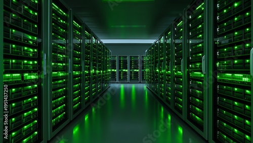 Wallpaper Mural Illuminated server racks with glowing green lights extending down a long corridor in a data center Torontodigital.ca
