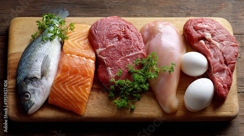 Variety of raw meats and eggs arranged on wooden cutting board