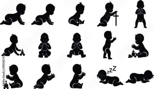 Baby silhouette set vector collection cute infant poses illustration