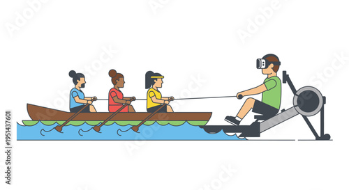 Virtual reality rowing team training on water and machine, synchronized exercise, fitness concept