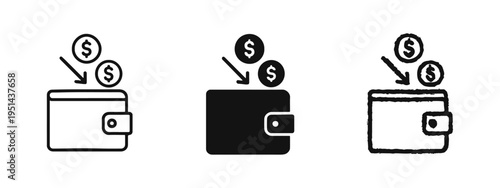 Money falling into wallet icon set. Income, savings, and financial growth symbols in outline, solid, and hand-drawn styles.