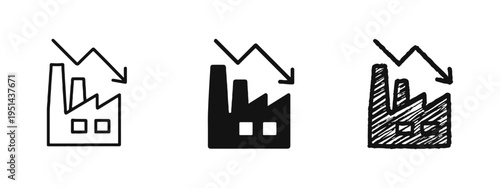 Factory production decline icon set. Industrial crisis, economic downturn, and manufacturing decrease symbols.
